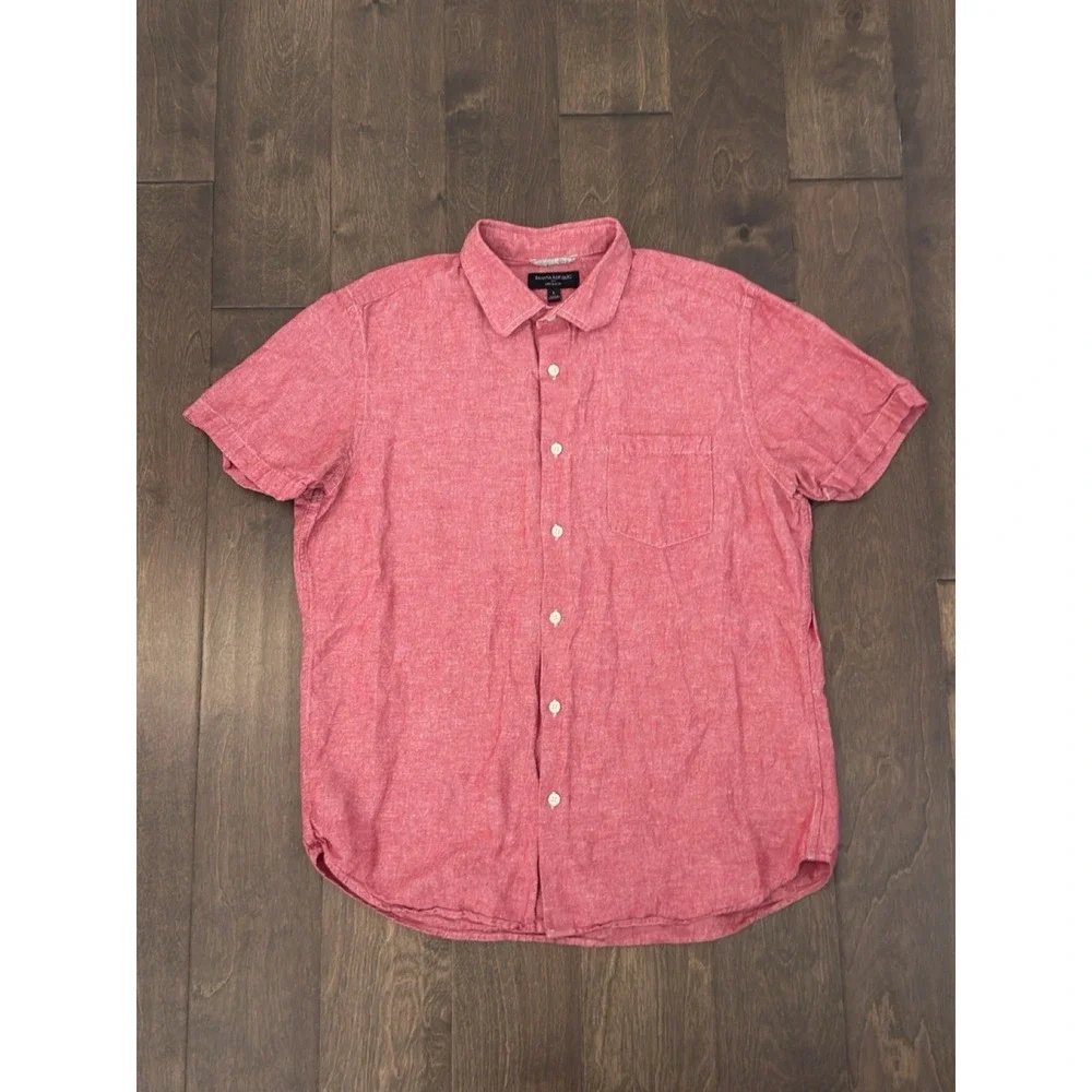 Banana Republic Mens Button Down Red Linen/Cotton Short Sleeve Slim Fit Shirt